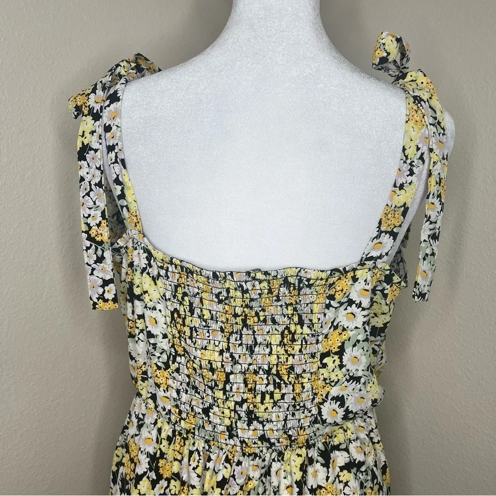 Social Standard by Sanctuary Black Yellow Floral Shoulder Tie Smocked Midi Dress - Picture 9 of 13